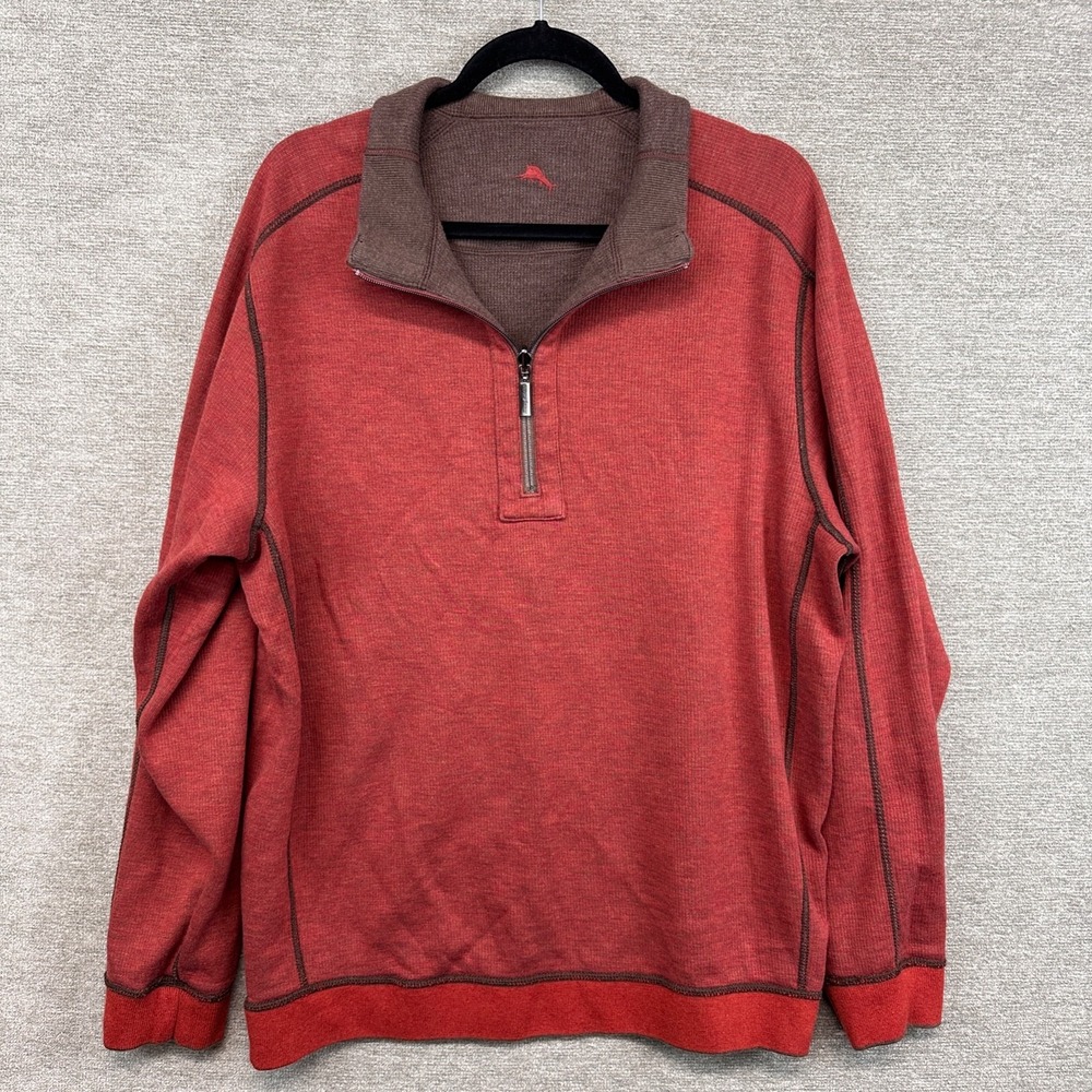 Tommy Bahama Reversible Pullover‎ Sweater 1/4 Zip Orange Brown Mens Large